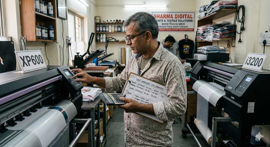 DTF Printer Investment Crush Guide: Industrial vs Entry-Level Profit Comparison (2026) - DTF Printer Investment risk comparison in Indian print shop