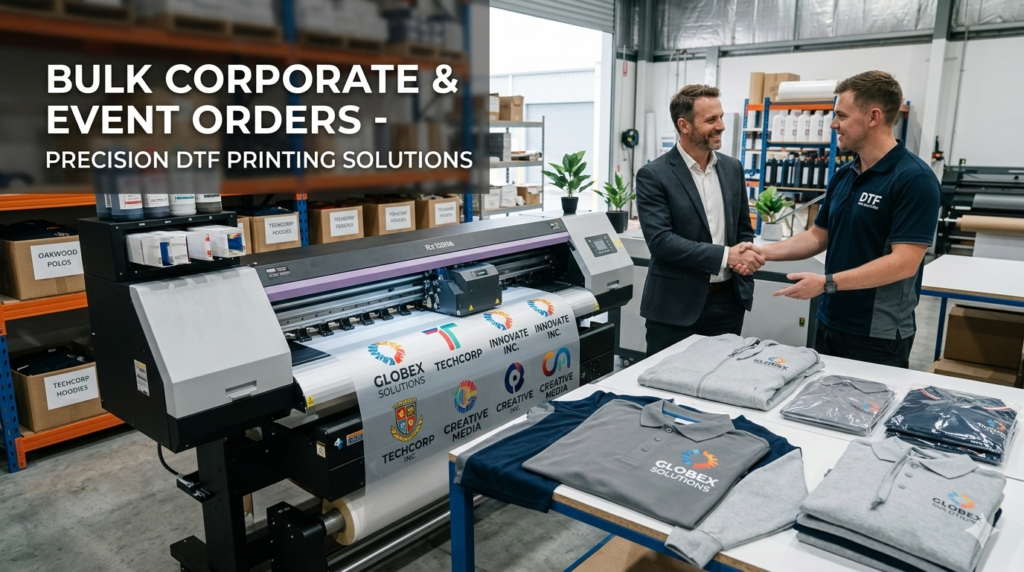 Professional handshake in a DTF printing warehouse showcasing bulk corporate apparel orders and high-detail garment printing technology.