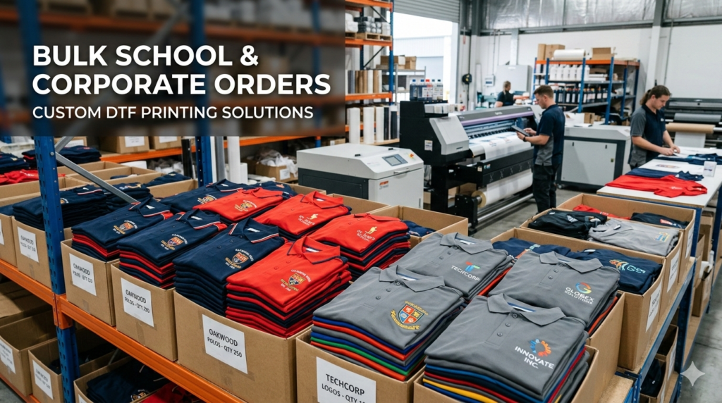 Industrial DTF printing facility with stacks of custom-printed corporate apparel and school uniforms ready for shipment.