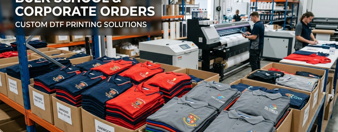 Professional handshake in a DTF printing warehouse showcasing bulk corporate apparel orders and high-detail garment printing technology.