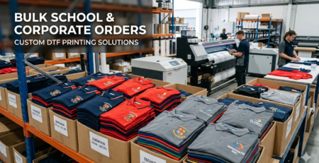 Professional handshake in a DTF printing warehouse showcasing bulk corporate apparel orders and high-detail garment printing technology.