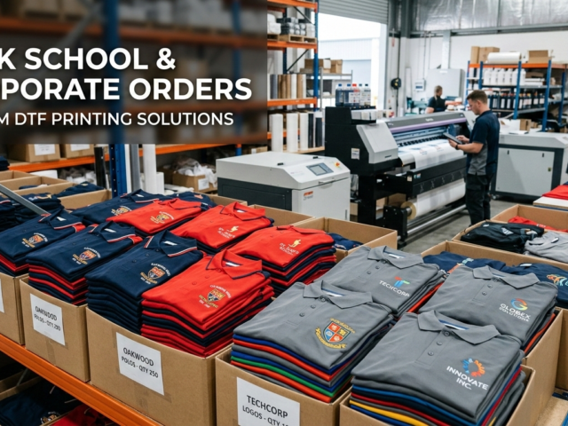 Professional handshake in a DTF printing warehouse showcasing bulk corporate apparel orders and high-detail garment printing technology.