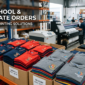 Professional handshake in a DTF printing warehouse showcasing bulk corporate apparel orders and high-detail garment printing technology.