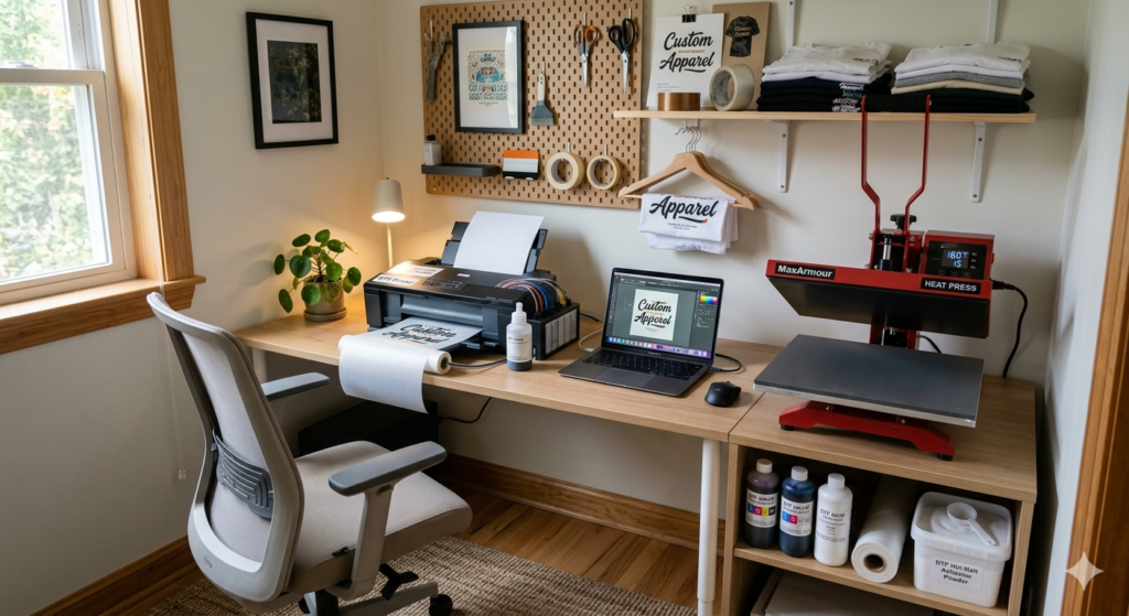 DTF printing side business from home in India workspace setup
