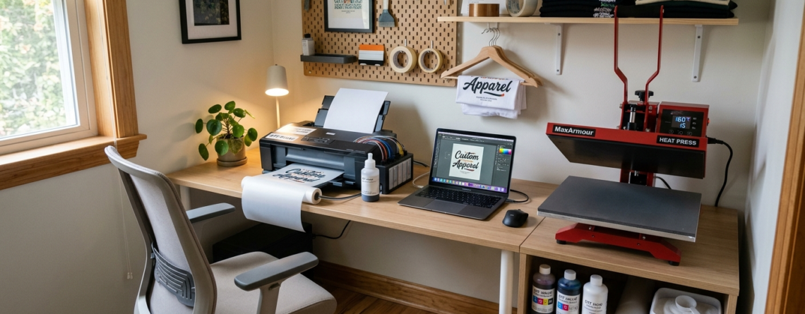 DTF printing side business from home in India workspace setup