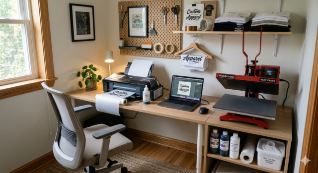 DTF printing side business from home in India workspace setup