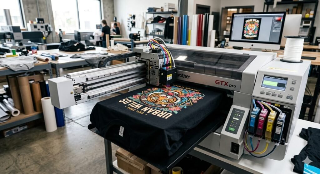 DTF vs DTG printing profitability DTG printer working on t-shirt