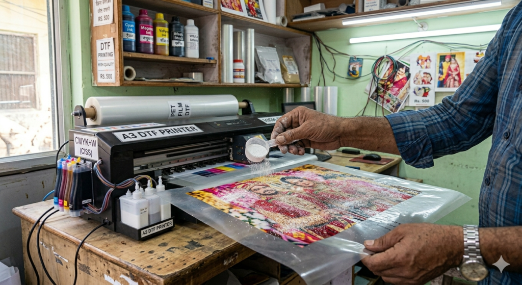 DTF photo printing in India adhesive powder application