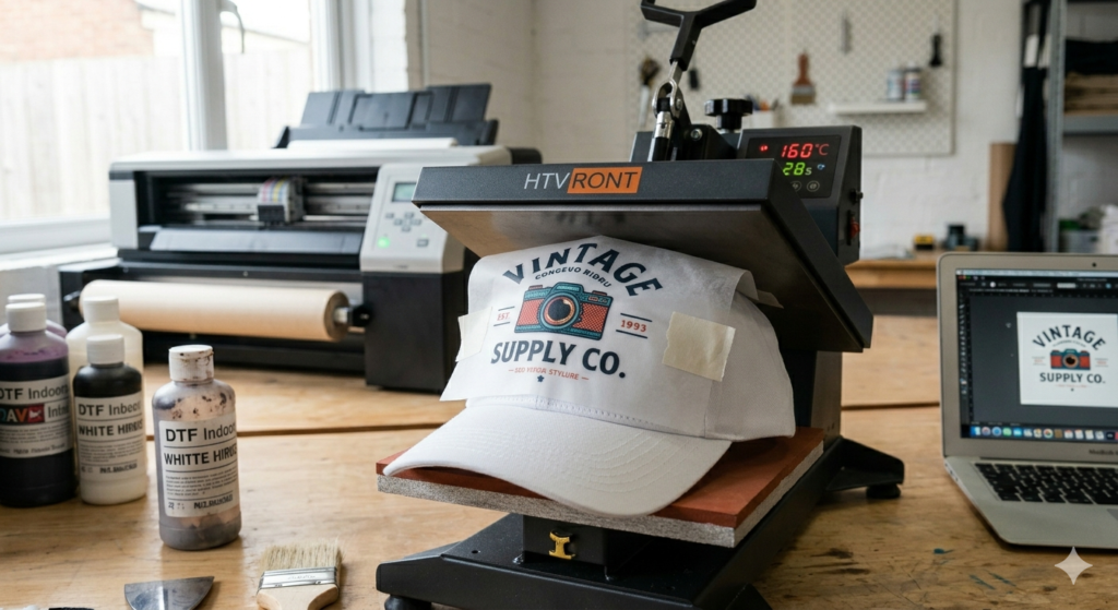DTF printing for caps and hats heat press process