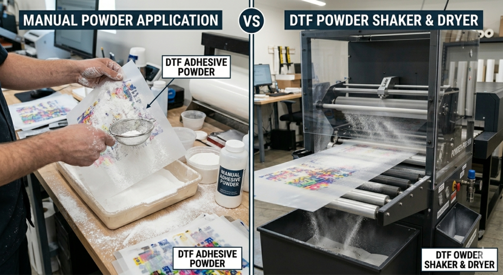 powder shaker for DTF printing vs manual method