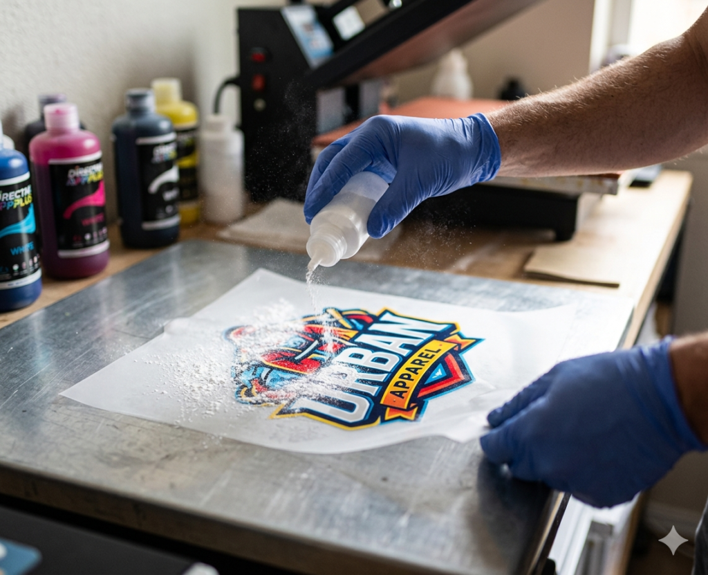 DTF transfer guide adhesive powder application