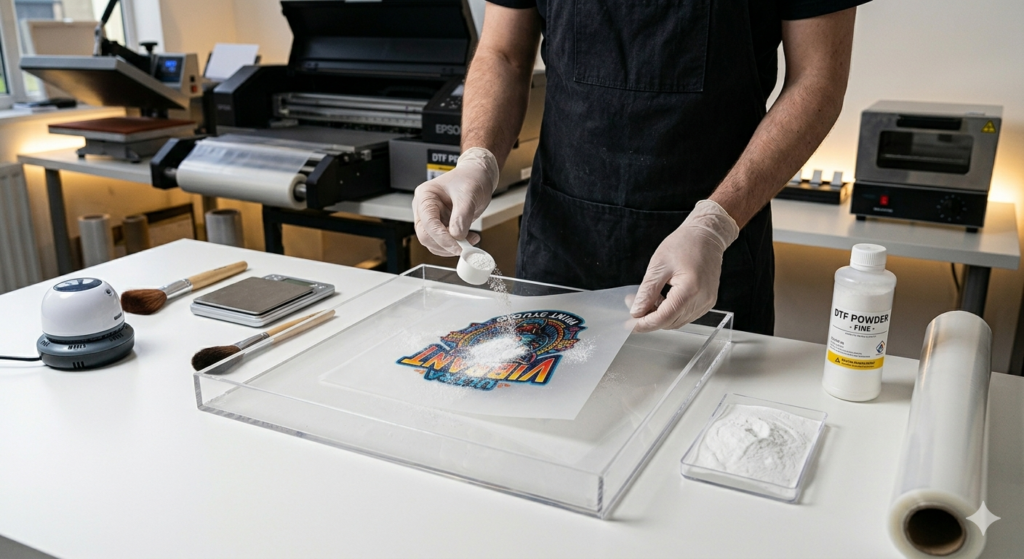 DTF small design printing powder application