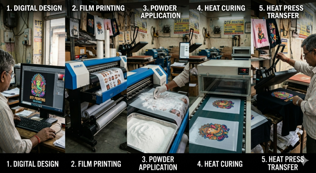 DTF Printer Investment Crush: Full Workflow & Profit Reality for Indian Print Shops 2026 - DTF Printer Investment workflow from design to finished t-shirt