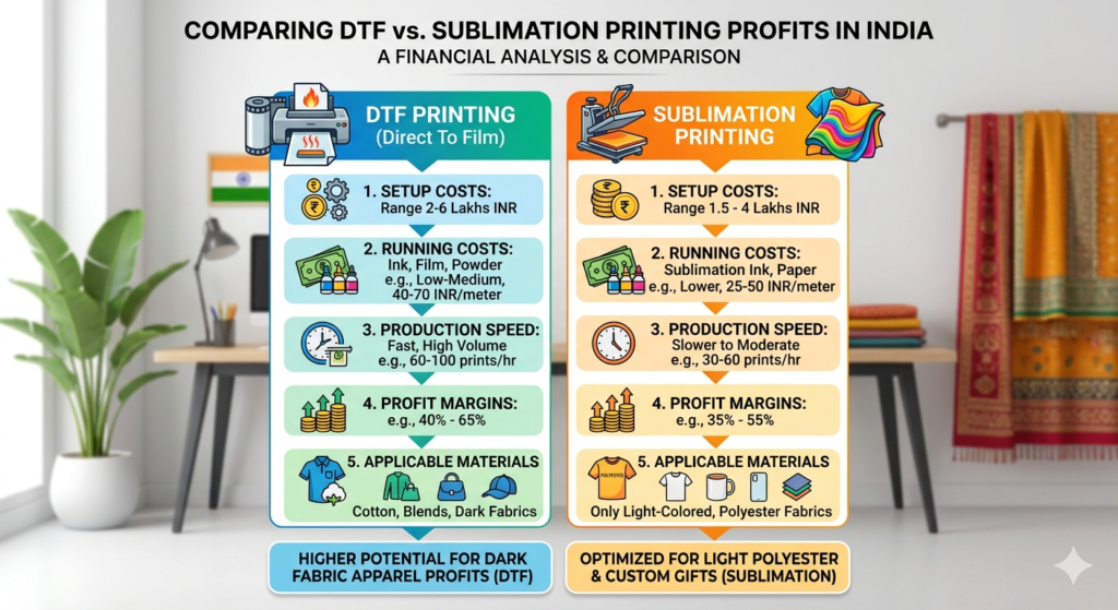 DTF vs sublimation printing in India profit earnings comparison chart