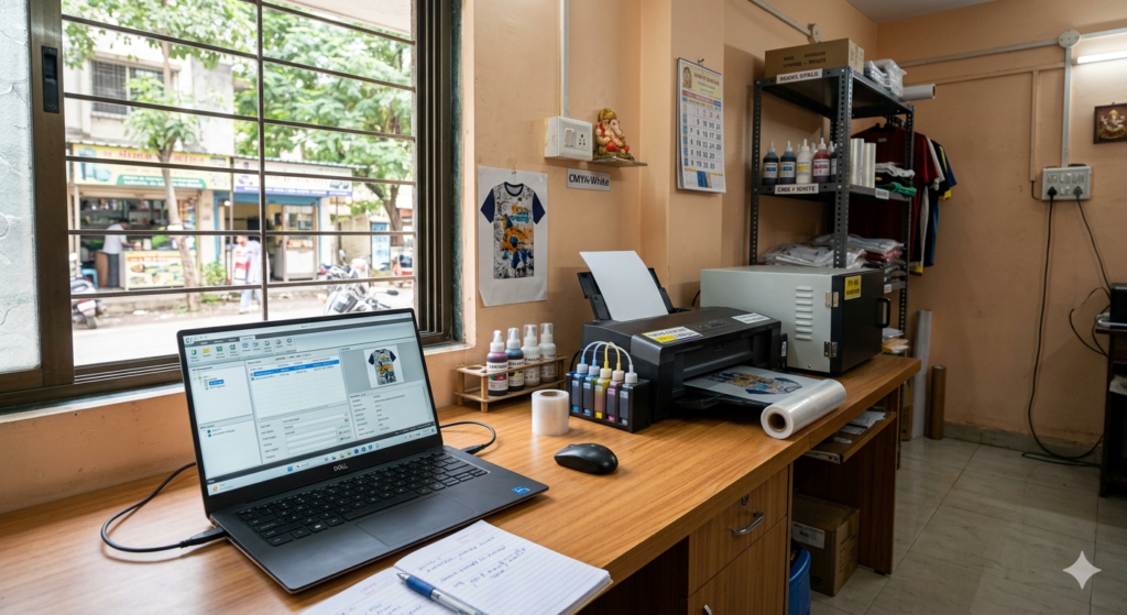 DTF RIP Software India interface on laptop with printer setup