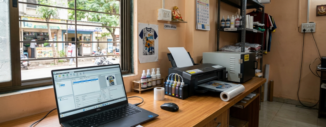 DTF RIP Software India interface on laptop with printer setup