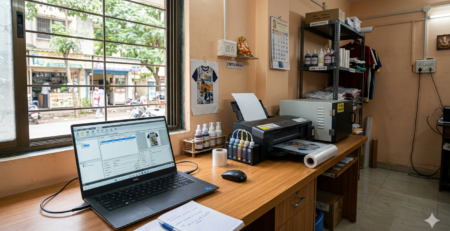 DTF RIP Software India interface on laptop with printer setup