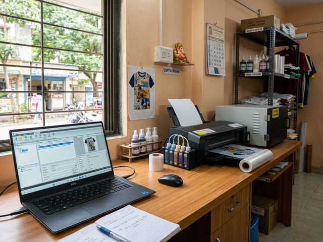 DTF RIP Software India interface on laptop with printer setup