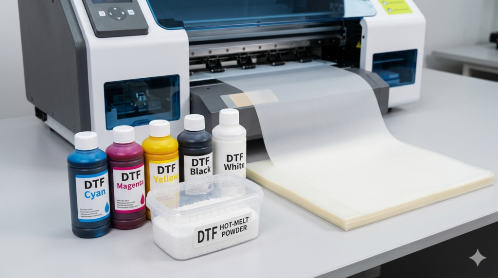 10 Easy Steps to Start a DTF Printing Business at Home in India 2026 - A small room with DTF printer, heat press, and supplies arranged neatly