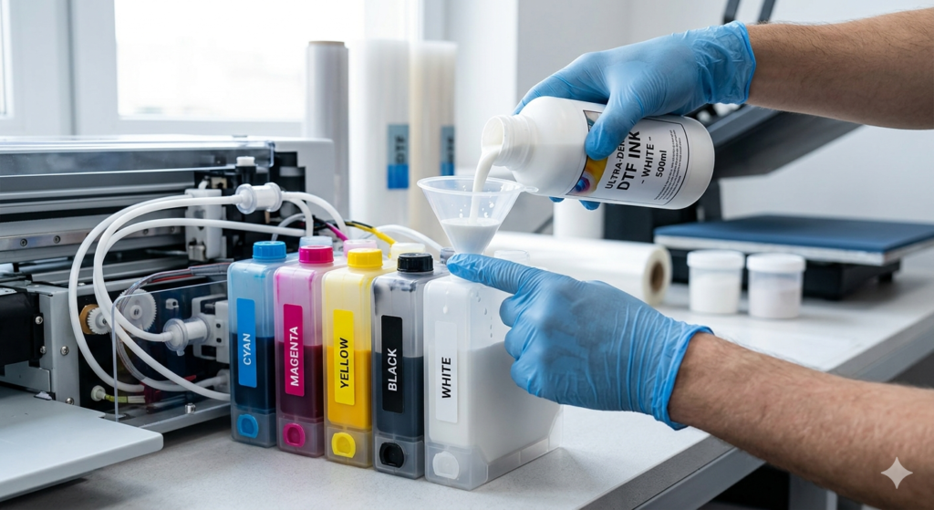 DTF printer installation ink filling CMYK and white ink process