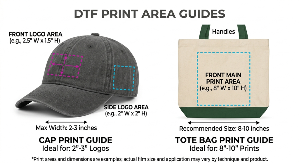 DTF Transfer Sheet Sizes for caps and tote bags