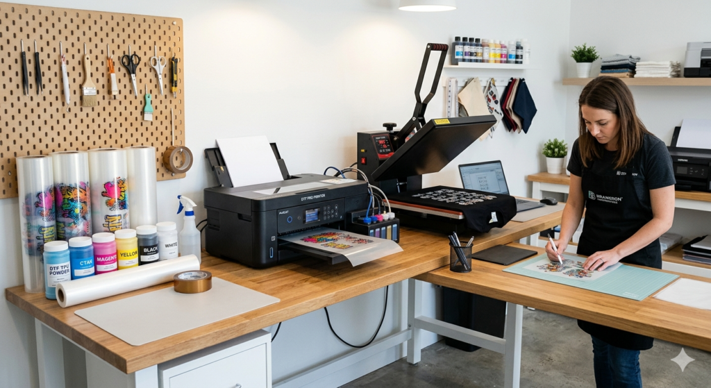 DTF print transfer guide showing complete setup