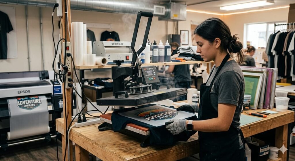 How to Best Cure DTF Powder Correctly for Long-Lasting Prints 2026 - DTF powder curing process using heat press machine