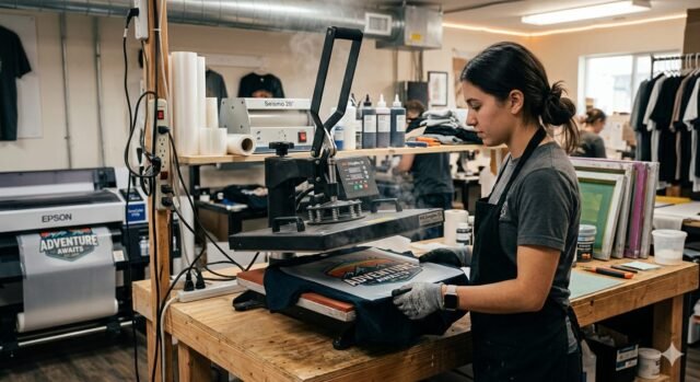 DTF powder curing process using heat press machine