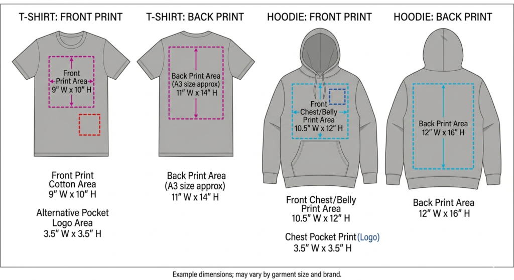 DTF Transfer Sheet Sizes used on t-shirts and hoodies