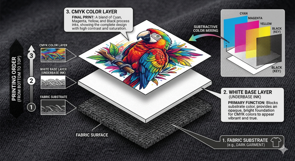 DTF ink colors explained white underbase layering diagram