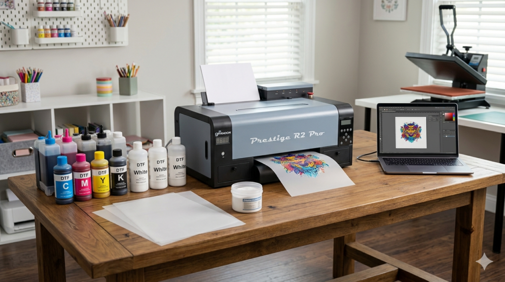 DTF printer installation setup workspace with beginner equipment