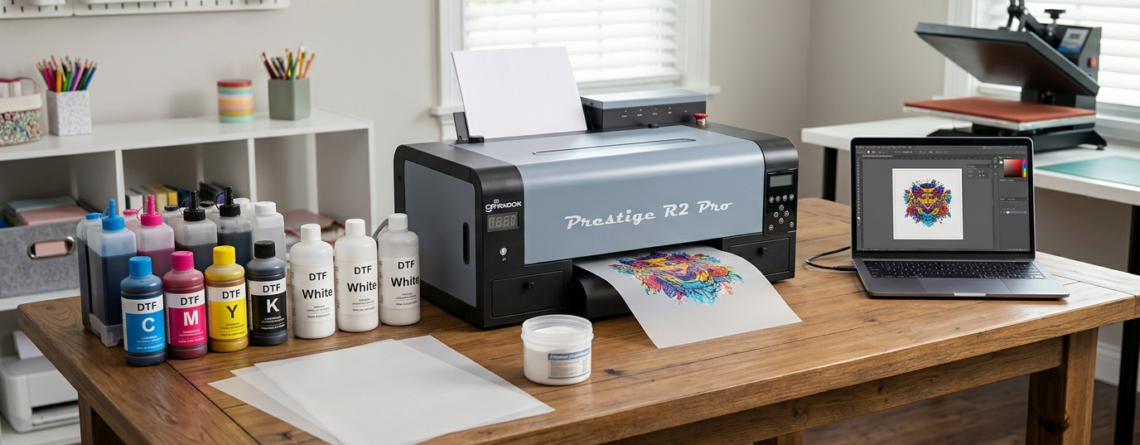 DTF printer installation setup workspace with beginner equipment