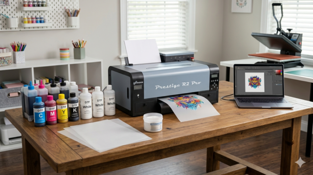 DTF printer installation setup workspace with beginner equipment