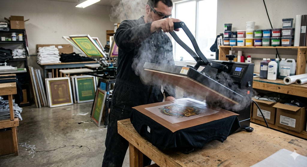 heat press transferring dtf adhesive powder design to fabric