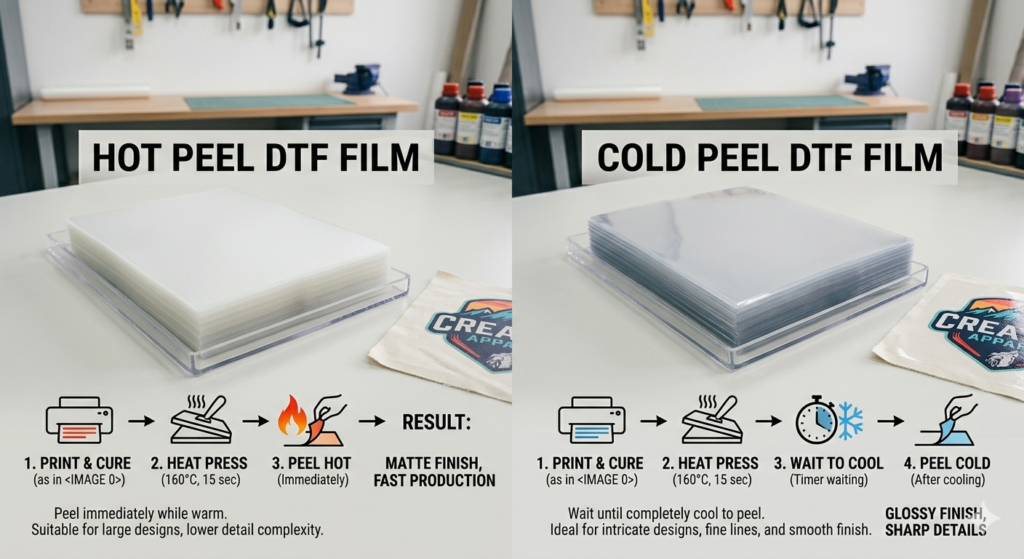 Beginner's Guide to DTF PET Film: Types, Uses, and, Buying Tips 2026 - DTF PET Film Guide for Beginners types hot peel vs cold peel