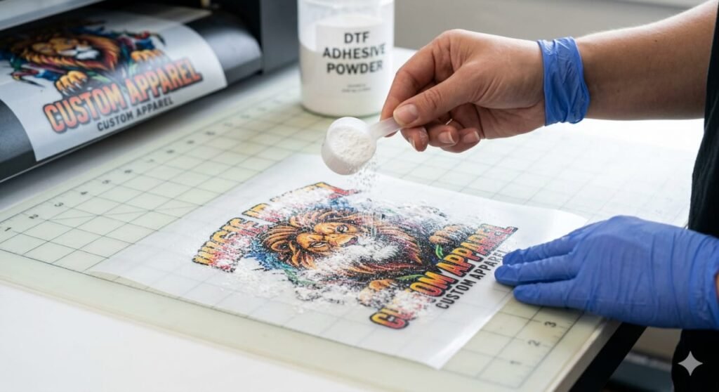 DTF print transfer guide adhesive powder application