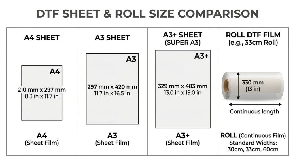 DTF Transfer Sheet Sizes comparison for apparel printing