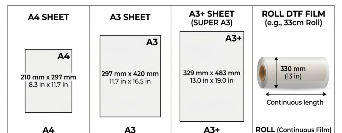 DTF Transfer Sheet Sizes comparison for apparel printing