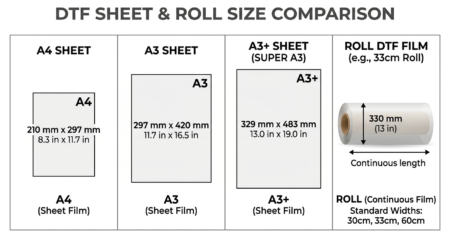 DTF Transfer Sheet Sizes comparison for apparel printing
