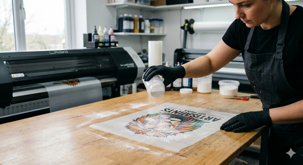 DTF adhesive powder application on printed film