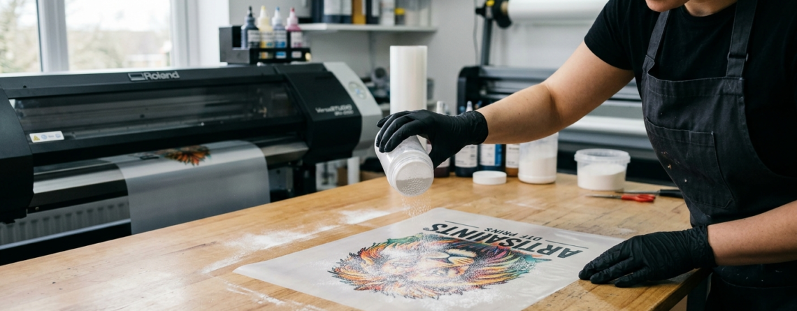 DTF adhesive powder application on printed film
