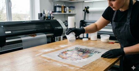 DTF adhesive powder application on printed film