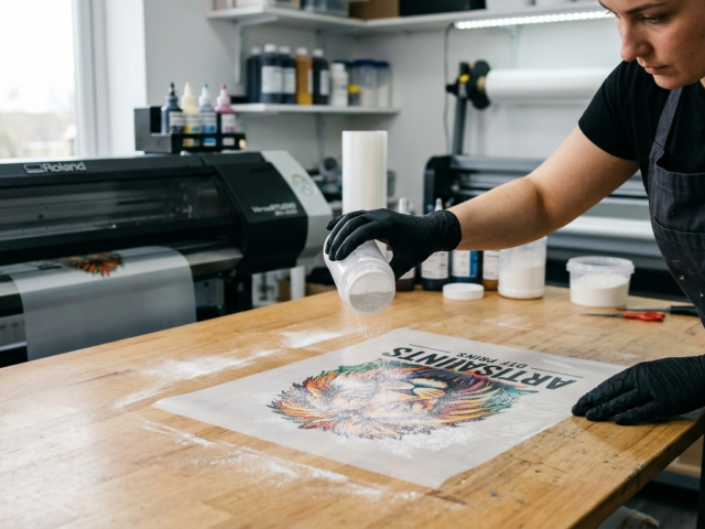 DTF adhesive powder application on printed film