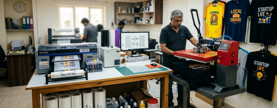 DTF T-shirt business India printing setup with DTF printer and heat press