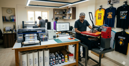 DTF T-shirt business India printing setup with DTF printer and heat press