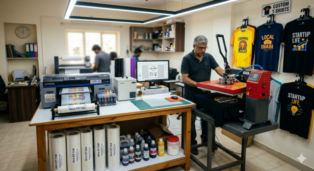 DTF T-shirt business India printing setup with DTF printer and heat press