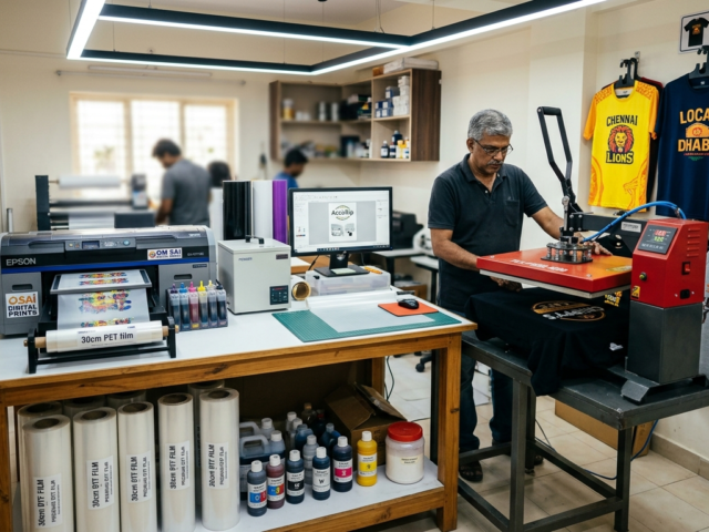 DTF T-shirt business India printing setup with DTF printer and heat press
