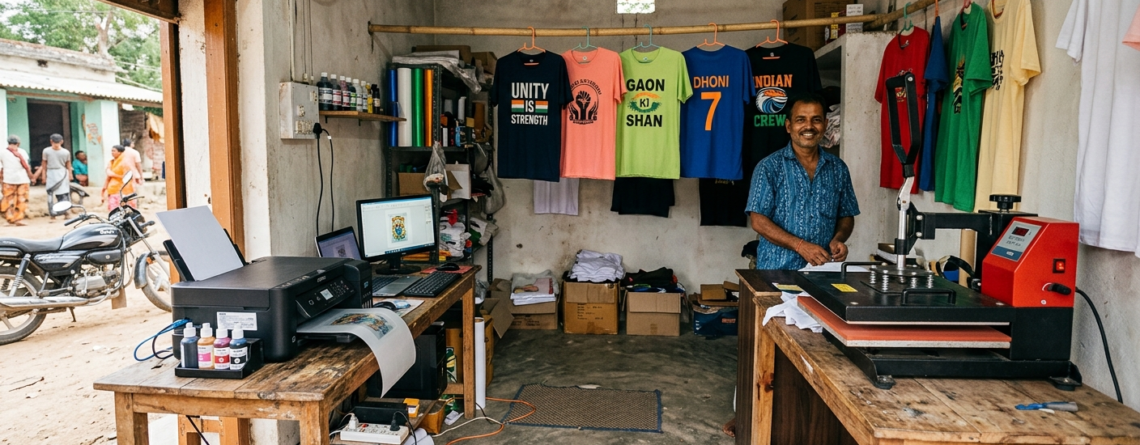 DTF printing business rural India setup in small village shop