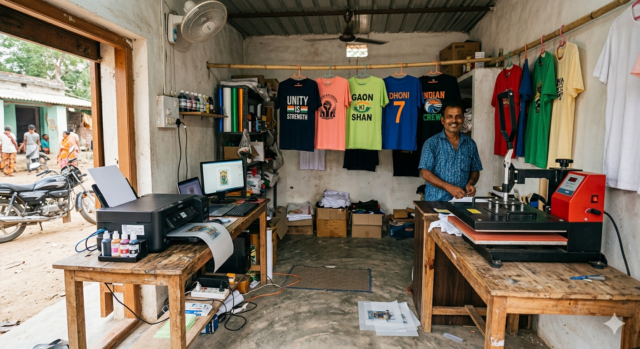 DTF printing business rural India setup in small village shop