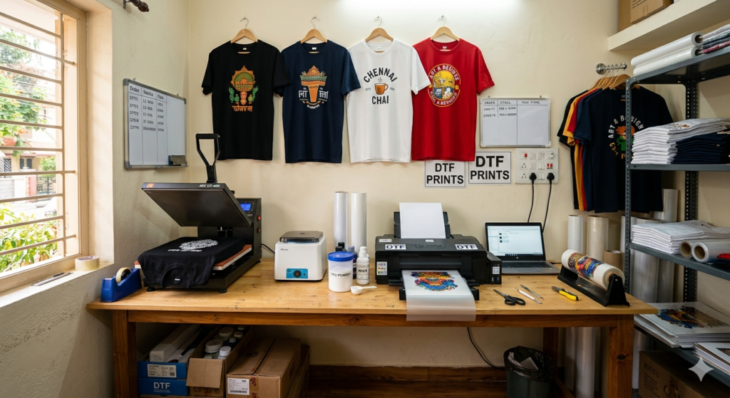 DTF Printing Business home studio setup with printer and heat press